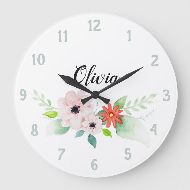 Grande Horloge Ronde Filles mignonnes fleurs d'aquarelle florale Fleurs (Recto)
