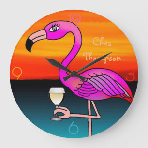 Grande Horloge Ronde Flamant rose buvant du vin personnalisé