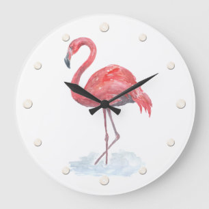 Grande Horloge Ronde Flamant rose d'aquarelle rose.