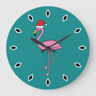 Grande Horloge Ronde Flamant rose de Noël avec Santa Hat