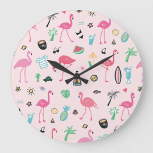 Grande Horloge Ronde Flamant rose été : Vibrant Motif d'oiseaux