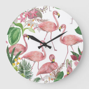 Grande Horloge Ronde Flamant rose Feuilles tropicaux Motif aquarelle