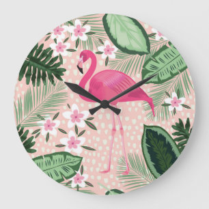Grande Horloge Ronde Flamant rose, palmiers, design de cuisine