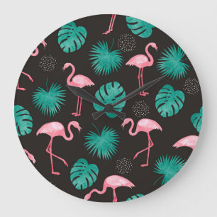 Grande Horloge Ronde Flamant rose, palmiers feuilles : aquarelle tropic