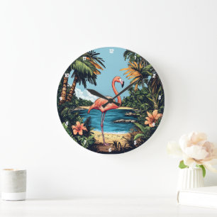 Grande Horloge Ronde Flamant rose Tropical Beach Wall Art
