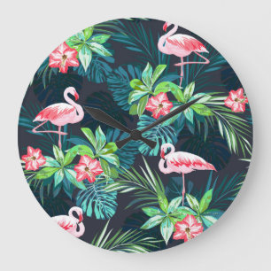 Grande Horloge Ronde Flamant rose tropical : Fleurs d'été Motif