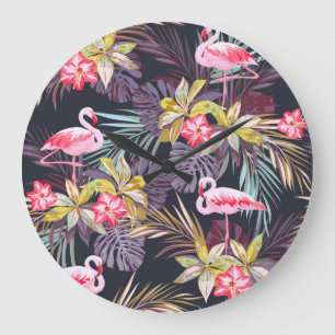 Grande Horloge Ronde Flamant rose Tropical : Motif sans couture d'été