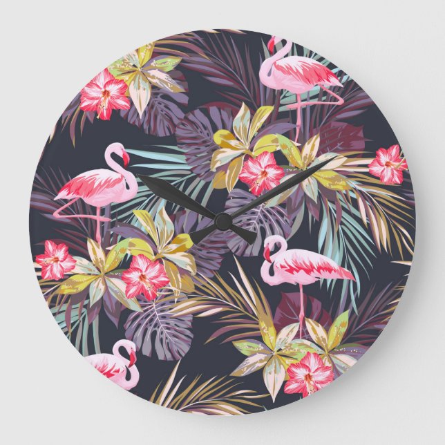 Grande Horloge Ronde Flamant rose Tropical : Motif sans couture d'été (Recto)