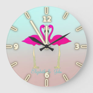 Grande Horloge Ronde Flamants Roses Adorables Amoureux-Personnalisé