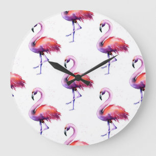 Grande Horloge Ronde Flamants roses avec éclaboussures : motif aquarell