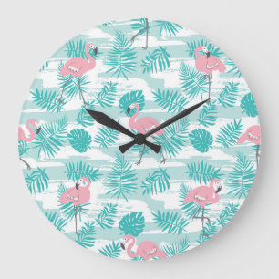 Grande Horloge Ronde flamants roses, feuilles de palmiers verts, tropic