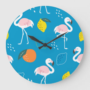 Grande Horloge Ronde Flamants roses, fruits tropicaux abstraits, patter