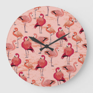 Grande Horloge Ronde Flamants roses roses : Motif Tropical sans couture