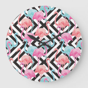 Grande Horloge Ronde Flamingoes on Bold Design Pattern