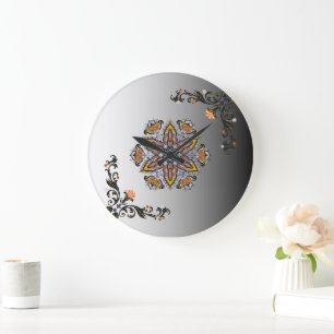 Grande Horloge Ronde Fleur Céleste Mandala Noir Or