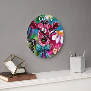 Grande Horloge Ronde Fleur Cow rose sarcelle noir personnalisée Fantais