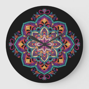 Grande Horloge Ronde Fleur d'art folklorique bohème