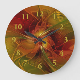 Grande Horloge Ronde Fleur d'art fractal abstraite rouge orange marron 