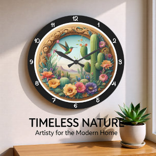 Grande Horloge Ronde Fleur de désert Colibri Floral