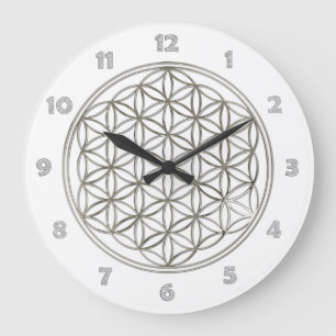 Grande Horloge Ronde FLEUR DE LA VIE - argent + nombres de visage