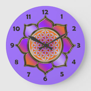 Grande Horloge Ronde FLEUR DE LA VIE - lotus violet + nombres de visage