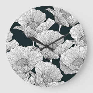 Grande Horloge Ronde Fleur de pavot, ligne blanche noire.