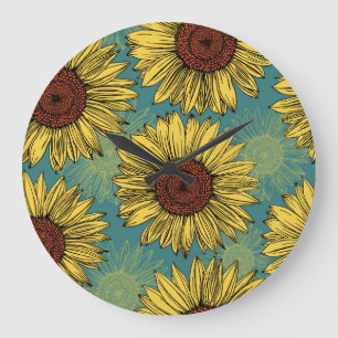 Grande Horloge Ronde Fleur de soleil à main bleu