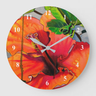 Grande Horloge Ronde Fleur d'Hibiscus du néon tropical