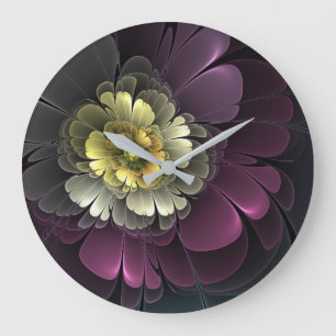 Grande Horloge Ronde Fleur fractale grise et pourpre moderne abstraite