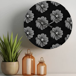 Grande Horloge Ronde "Fleur illustrée en Motif gris-noir"