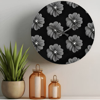 Grande Horloge Ronde "Fleur illustrée en Motif gris-noir"