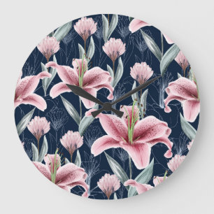 Grande Horloge Ronde Fleur Lilly Rose Motif sans couture.
