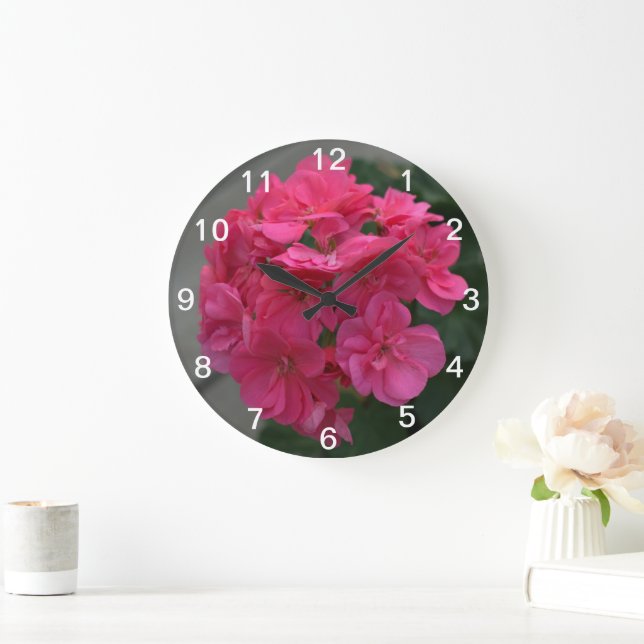 Grande Horloge Ronde Fleur rose de géranium (Maison)