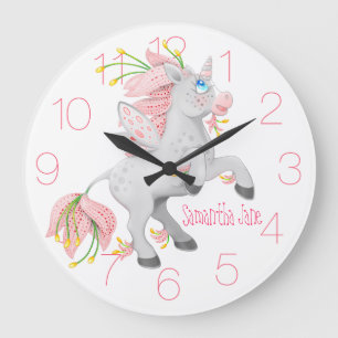 Grande Horloge Ronde Fleur rose Unicorn Nursery Whimsy