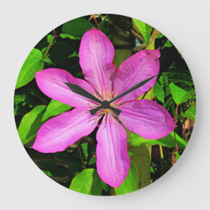 Grande Horloge Ronde Fleur rose vive en fleurs et Arrière - plan vert