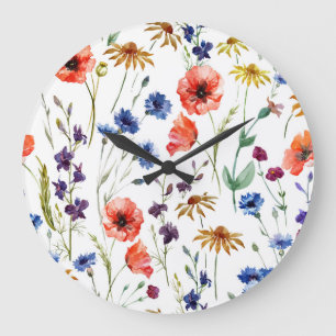 Grande Horloge Ronde Fleur sauvage Aquarelle Poppy Chamomile Arrière -