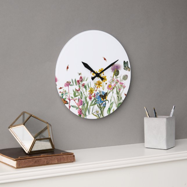 Grande Horloge Ronde Fleur sauvage d'aquarelle Insectes Floral Spring G (Bureau)