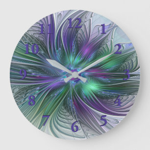 Grande Horloge Ronde Fleur verte abstraite moderne fractale violette