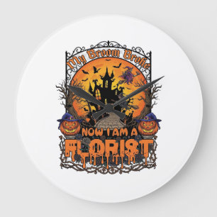Grande Horloge Ronde Fleuriste balai cassé sorcière Halloween citrouill