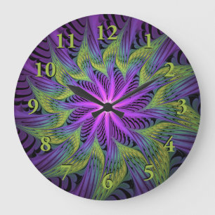 Grande Horloge Ronde Fleuron vert violet Art Abstrait fractal moderne