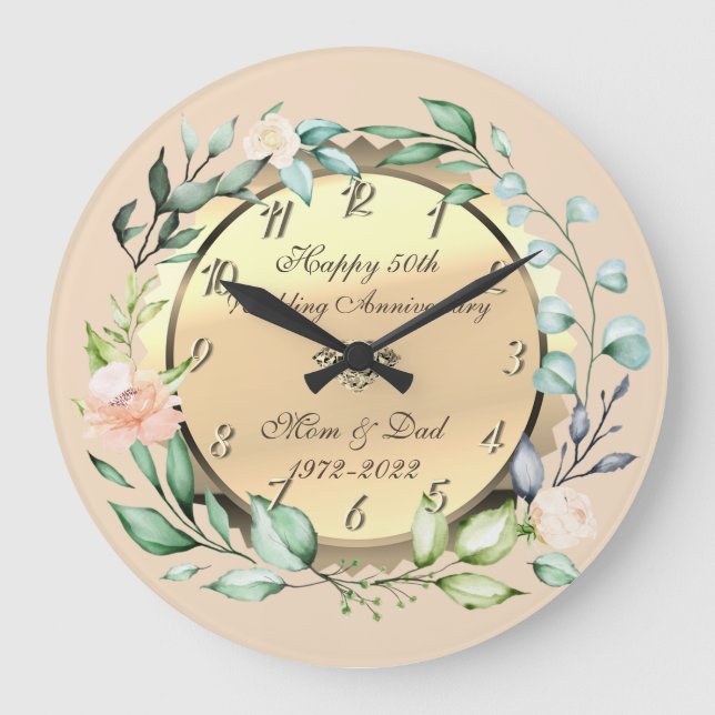 Grande Horloge Ronde Fleurs aquarelles 50e anniversaire de Mariage (Recto)