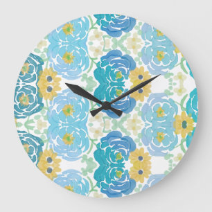 Grande Horloge Ronde Fleurs aquarelles bleues et jaunes