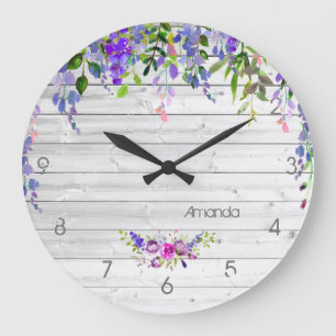 Grande Horloge Ronde Fleurs aquarelles ultra violettes rustiques