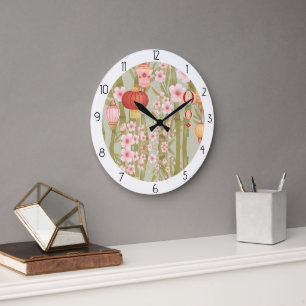 Grande Horloge Ronde fleurs asiatiques