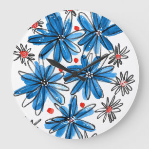 Grande Horloge Ronde Fleurs bleues et blanches