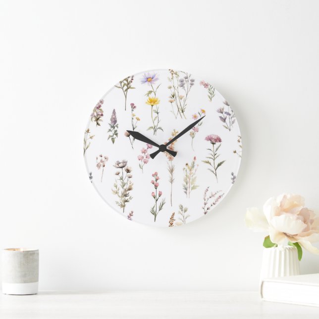 Grande Horloge Ronde Fleurs colorées, Fleurs sauvages, Fleurs de Jardin (Maison)