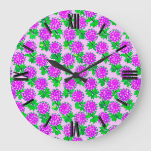 Grande Horloge Ronde Fleurs dahlia en violet et orchidée