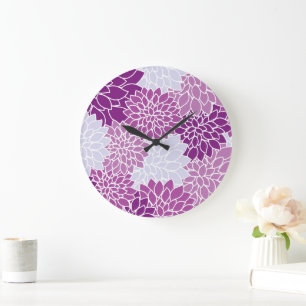 Grande Horloge Ronde Fleurs Dahlia, Motif De Fleurs, Dahlia Violet