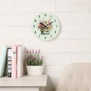 Grande Horloge Ronde Fleurs dans un pot confortable shabby mignon