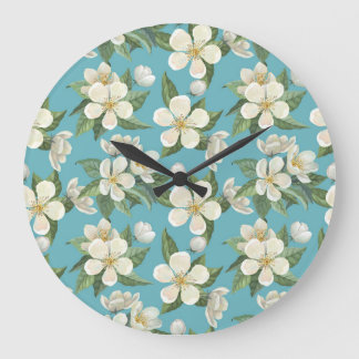 Grande Horloge Ronde Fleurs d'aquarelle blanche Feuilles verts